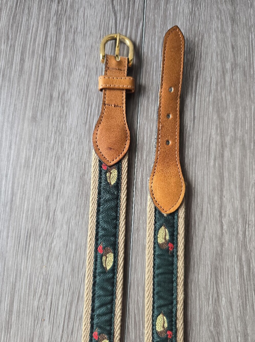Dotty Smith Mallard Duck Ribbon Belt Tan Canvas Leather Brass Buckle Size 30